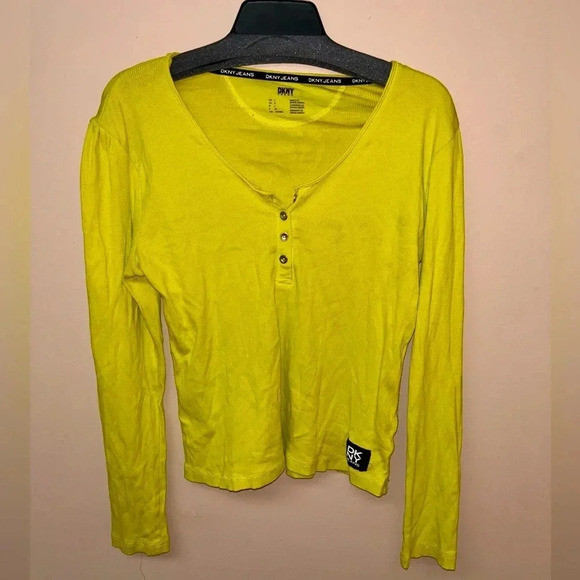 DKNY jeans Neon Lemon green long sleeve knit V-neck top Sz L - Picture 2 of 12